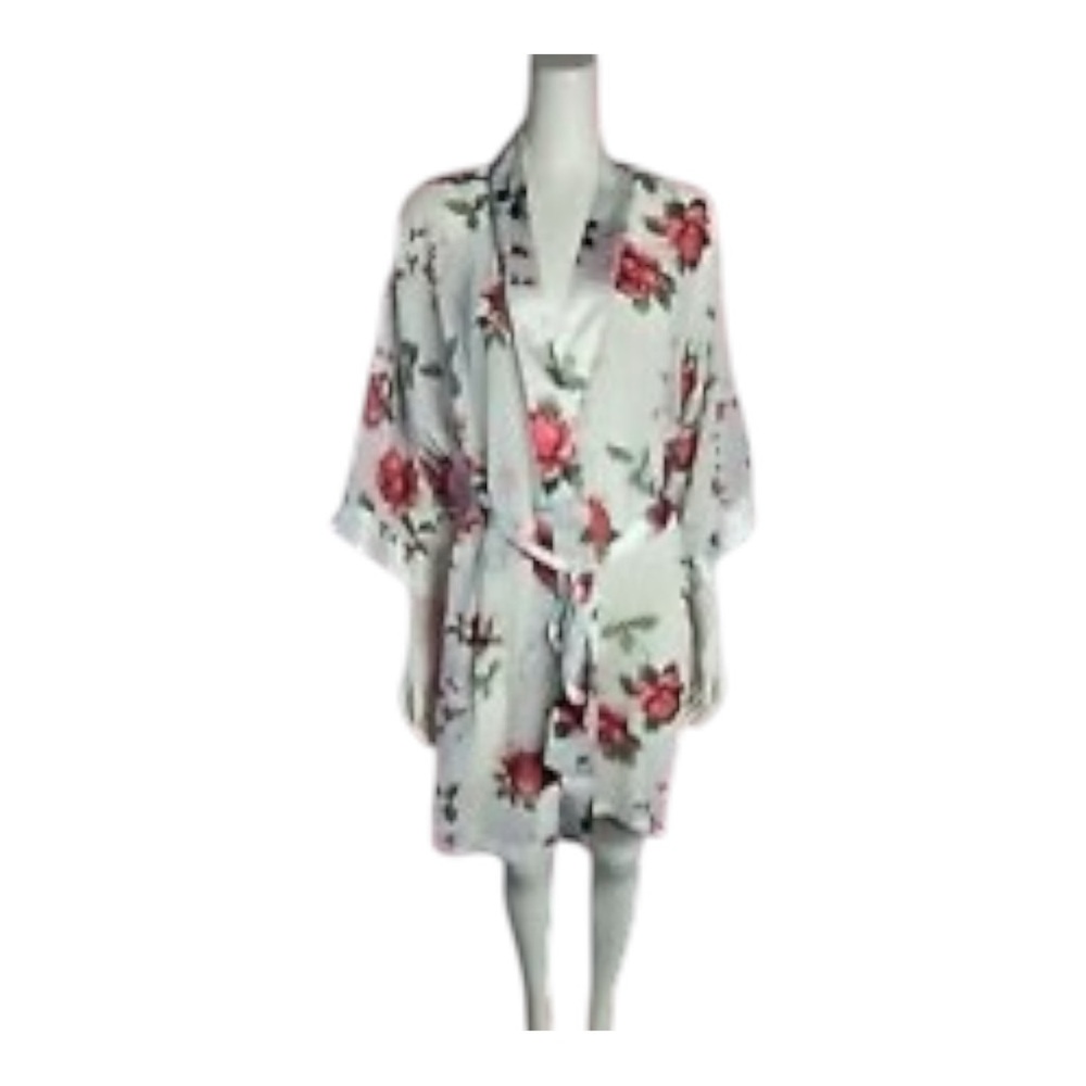 White and Red Floral Kimono Robe with Satin Finish